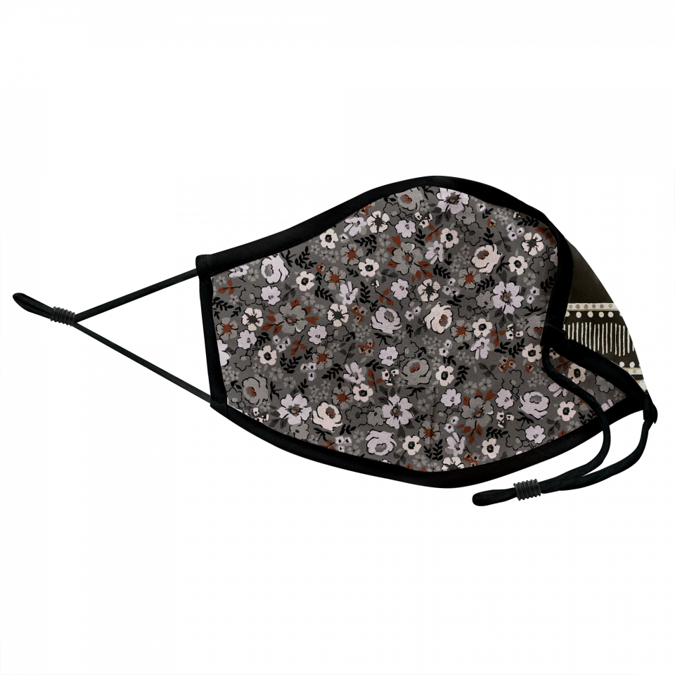 Mascarilla algodón orgánico reversible grande bandana black y flower black homologada con protección +90%