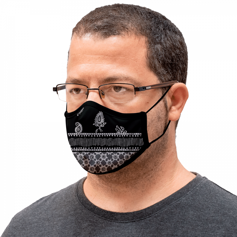 Mascarilla algodón orgánico reversible grande bandana black y flower black homologada con protección +90%