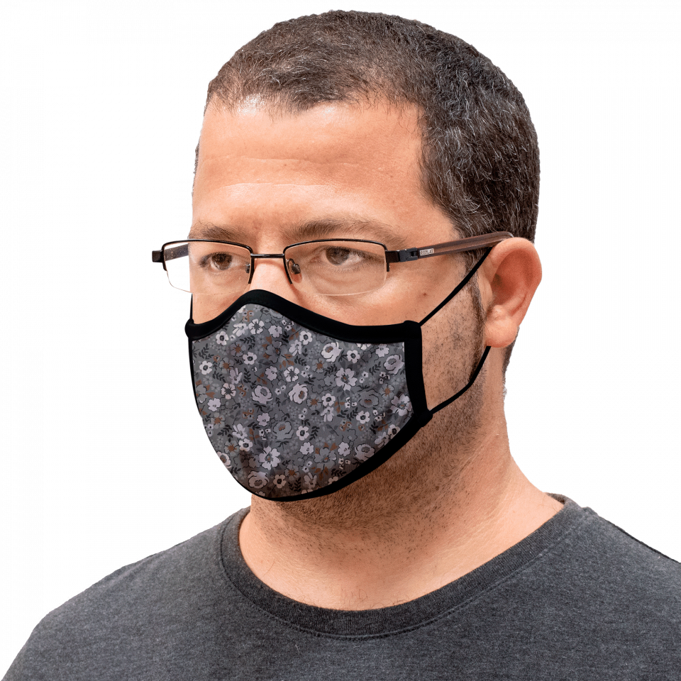 Mascarilla algodón orgánico reversible grande bandana black y flower black homologada con protección +90%