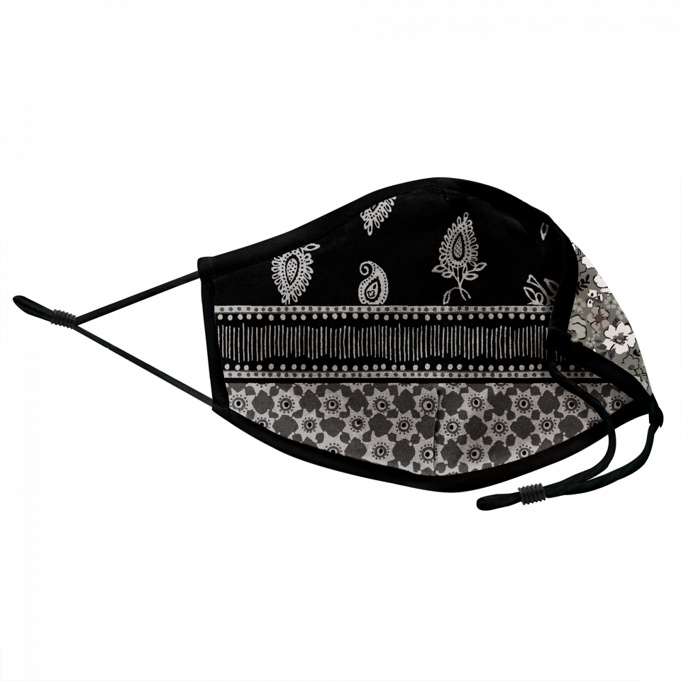 Mascarilla algodón orgánico reversible súper grande bandana black y flower black homologada con protección +90%