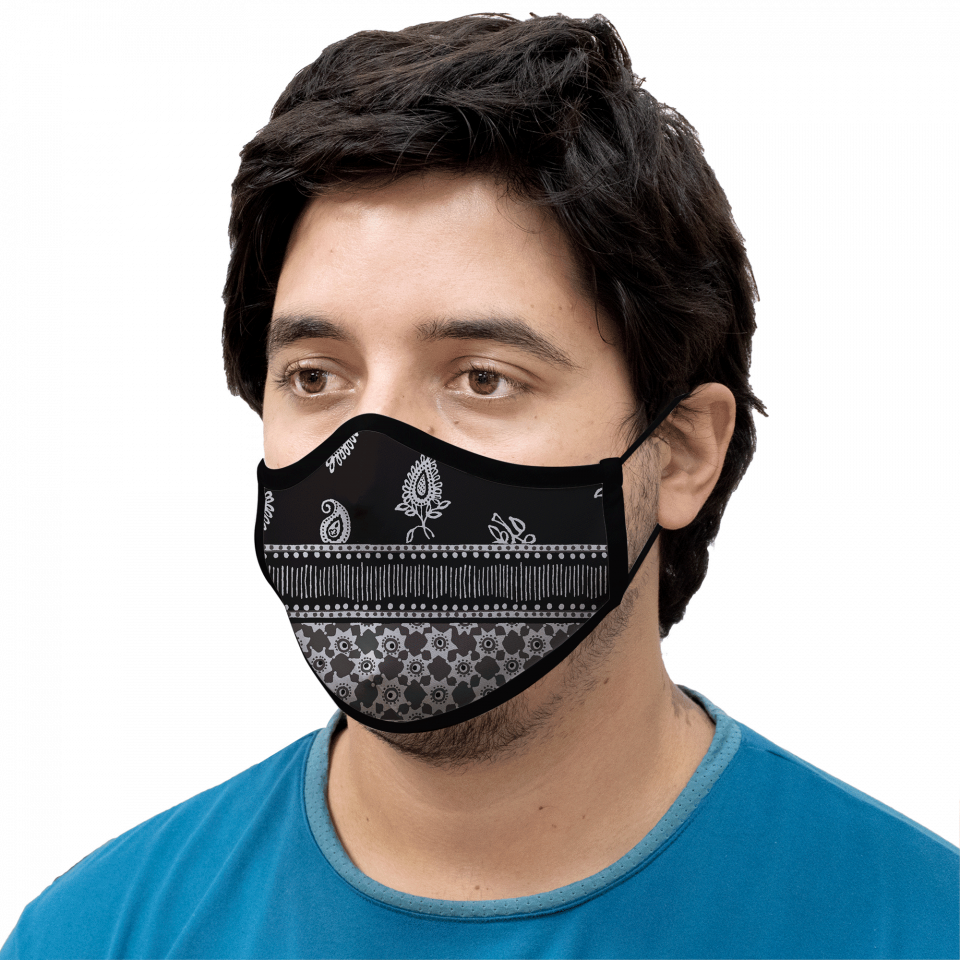 Mascarilla algodón orgánico reversible súper grande bandana black y flower black homologada con protección +90%