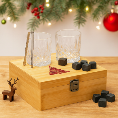 Vasos de whisky con caja